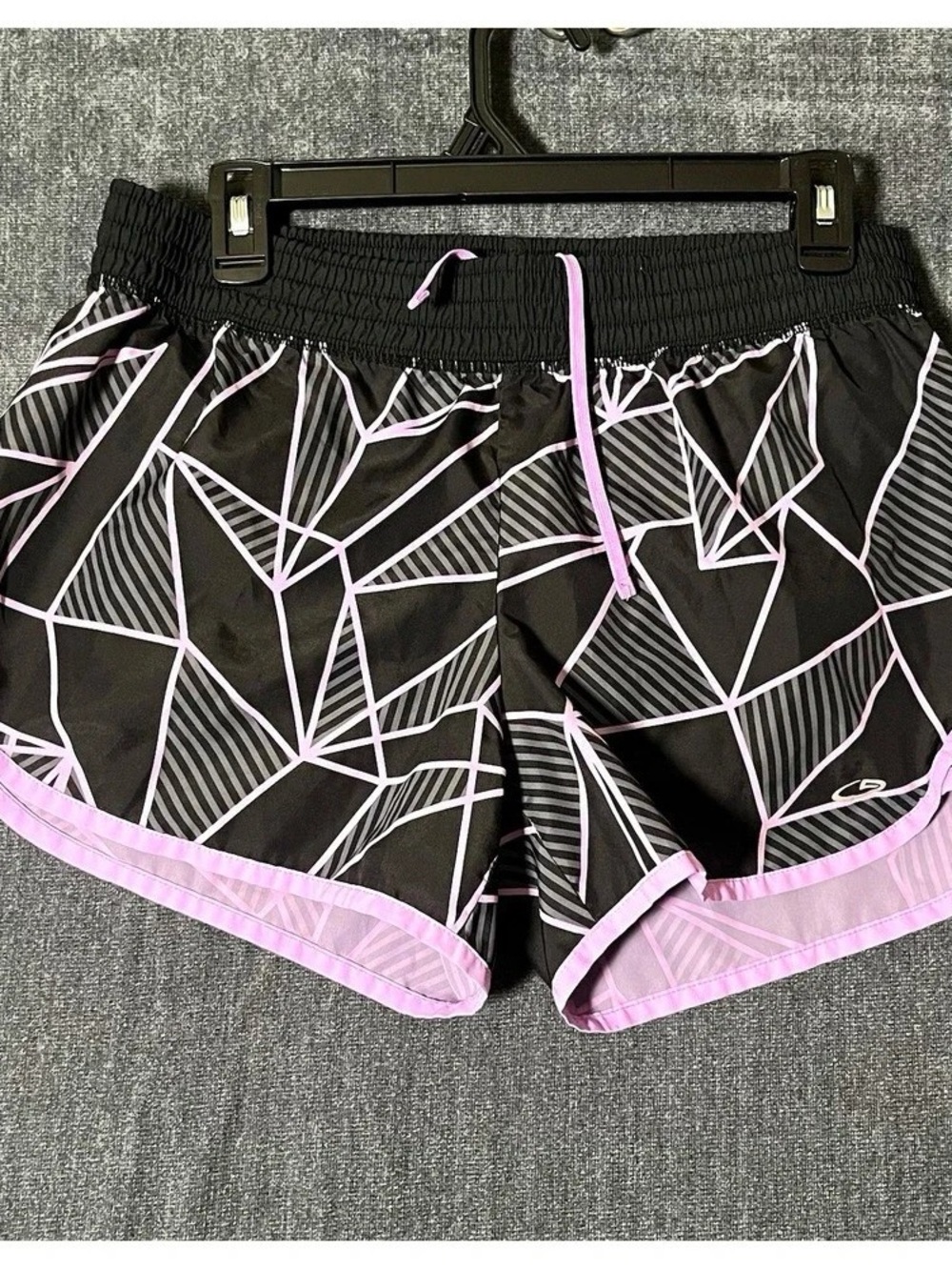 Champion Black Athletic Shorts with Light Purple Geometric Trim